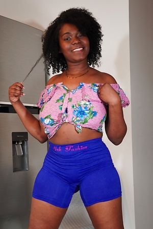 Ebony hairy milf strips slow in kitchen light